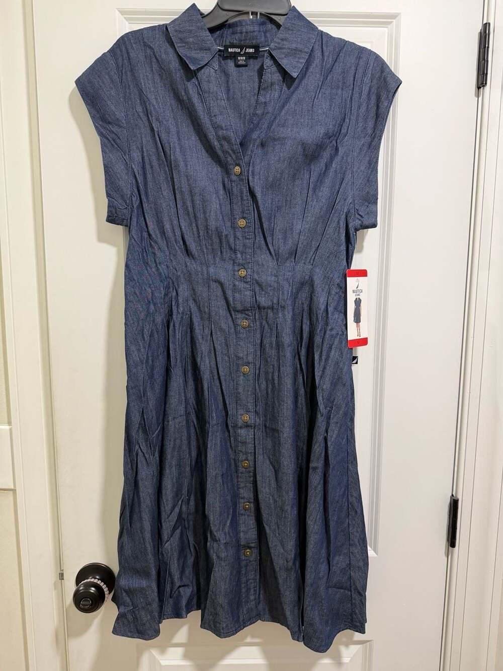 Nautica Jeans Denim Shirtdress Size M Dark Blue Chambray Button Front